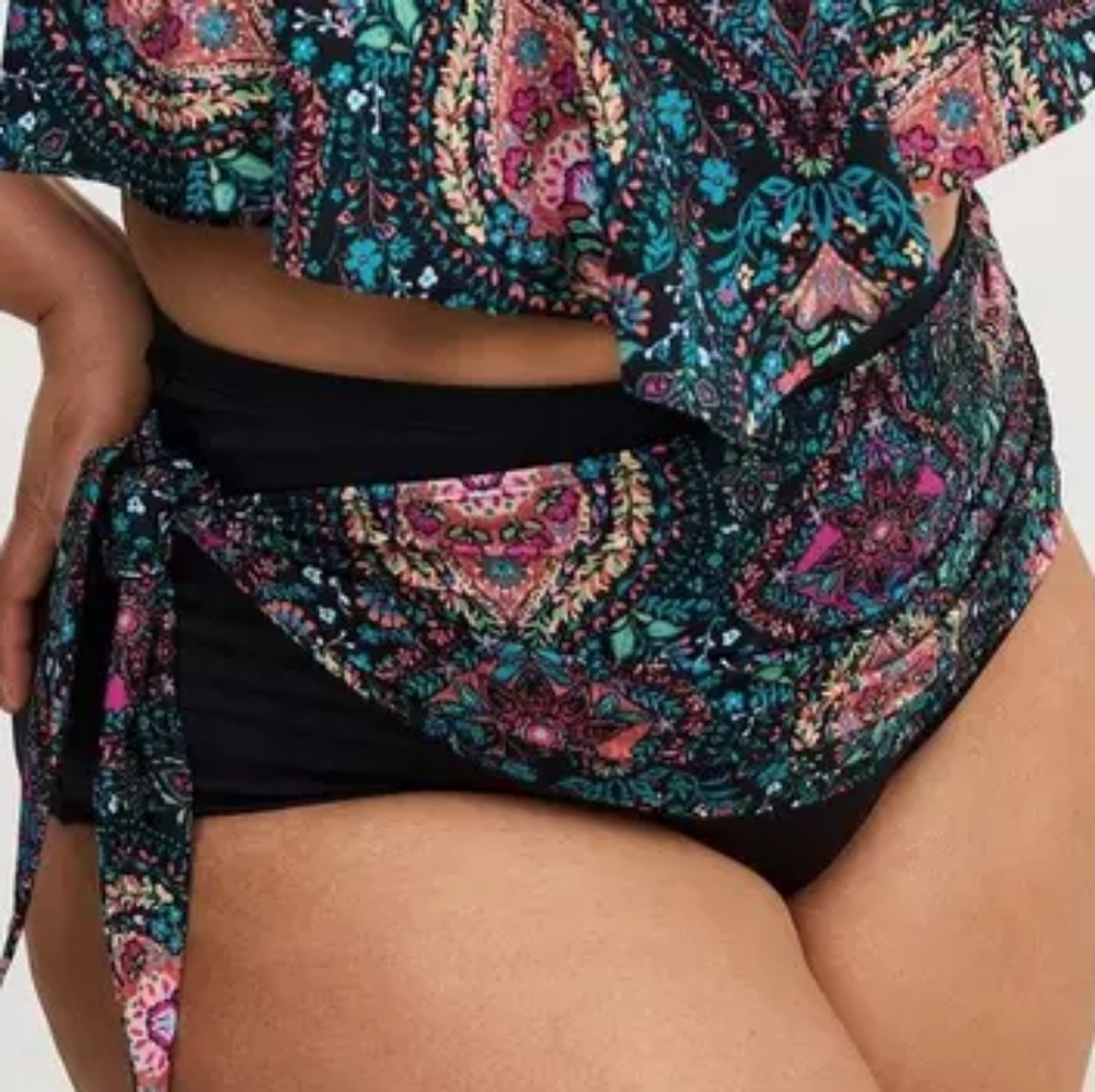 Torrid Black Blue Asymmetrical Wrap Skirted Swim Bikini Brief Size 3X NWT